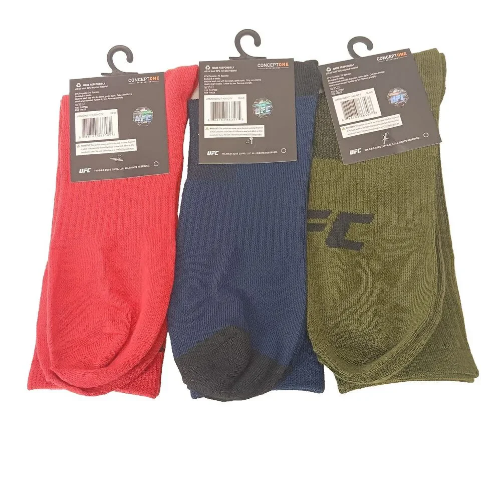 UFC Sport Red Blue Green 3 Pair Adult Men Crew Socks Size 6-12 NWT